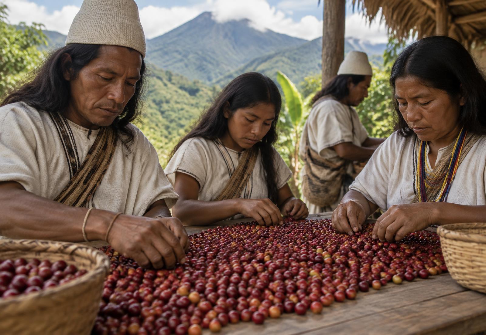 Productores seleccionando cerezas de café